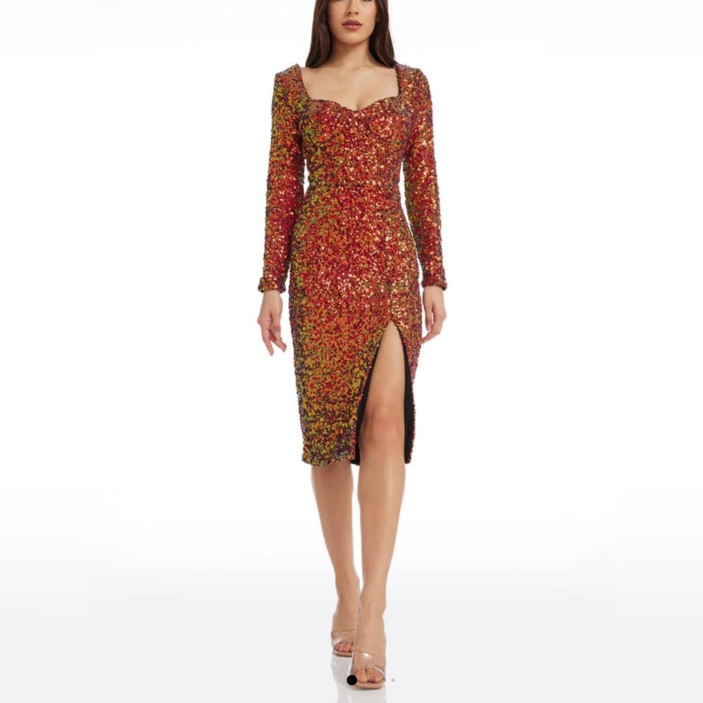 Dress the Population Davina Sequin Cocktail Body-Con Dress Cayenne Size XS